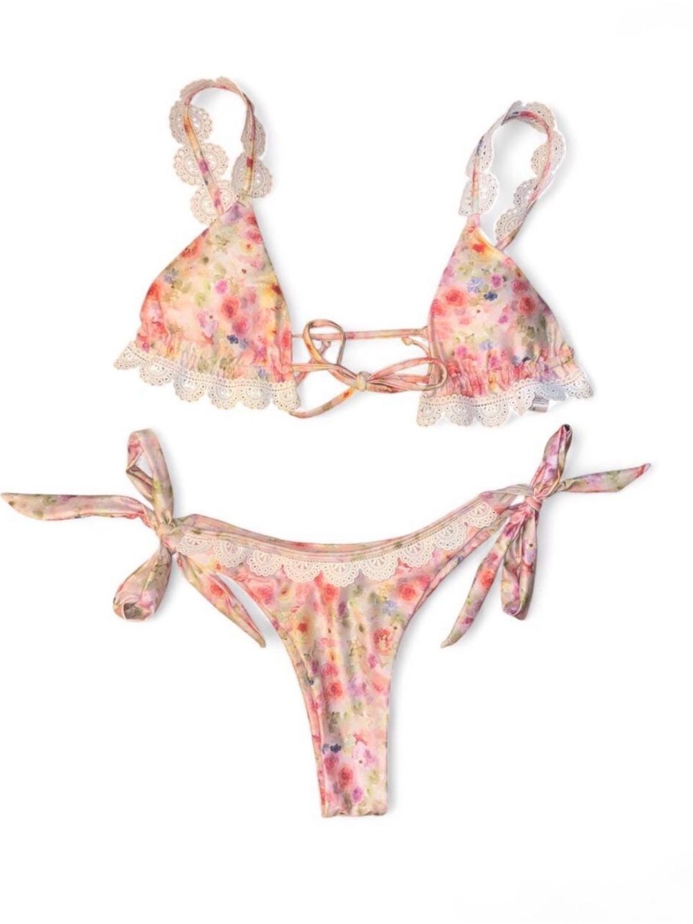 Strawberry Milk Mob Pink Multicolor Floral Lace-Trim Triangle Bikini